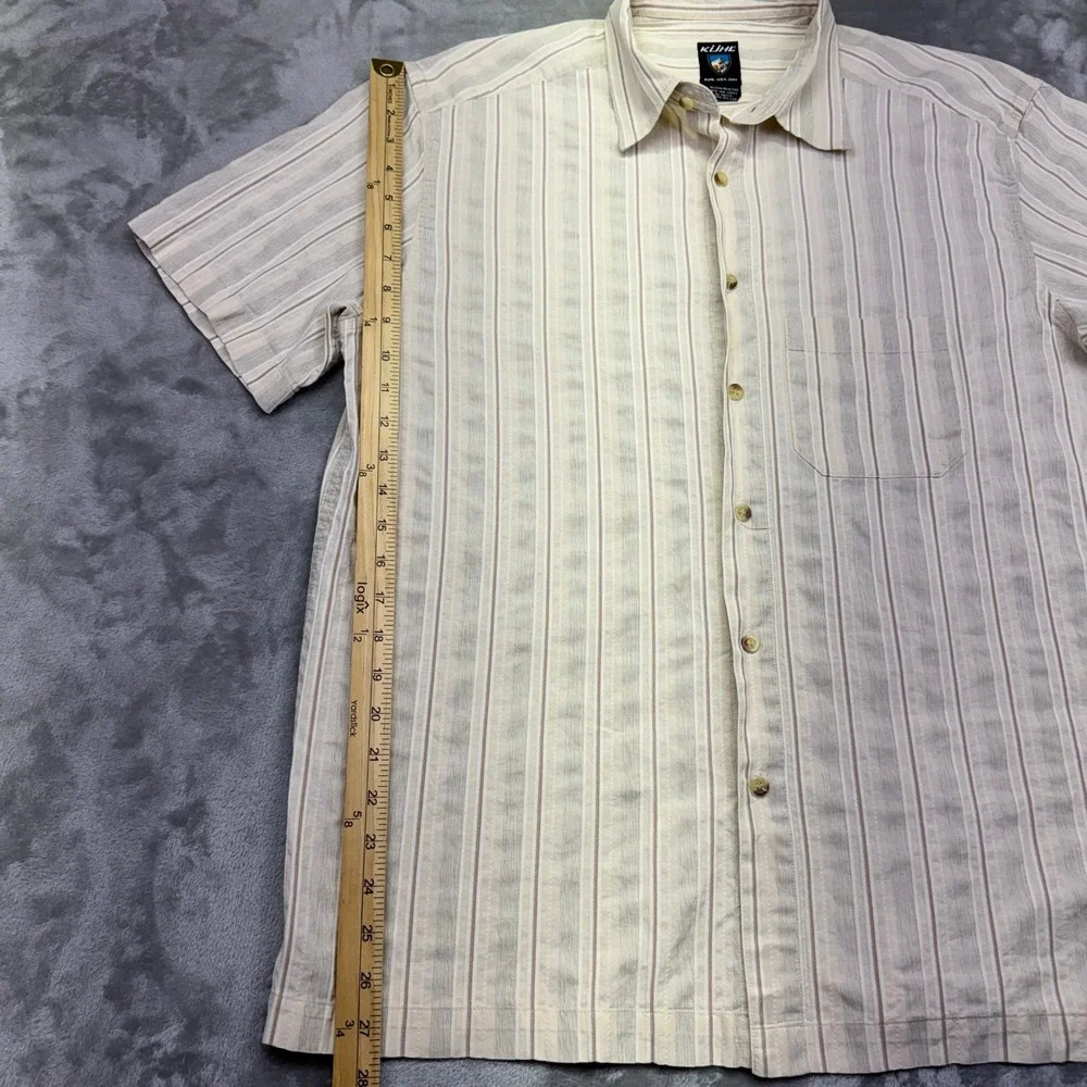 Kuhl Athletik Fit Striped Button Down Shirt Mens XL Short Sleeve Casual Tan Boho